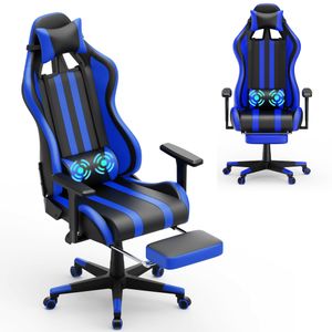 XMTECH Bürostuhl Gaming Stuhl Massage Computerstuhl Ergonomischer Gamer Stuhl mit Fußstütze, Kopfstütze und Lendenkissen, Gaming Sessel Drehsessel (Blau)