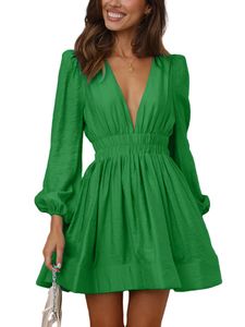 Damen Abendkleider V-Ausschnitt Kleider Puffärmel Minikleid Einfarbig Sommerkleid Grün,L