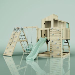 Rebo Outdoor Spielturm mit Wellenrutsche | Spielhaus aus Holz mit Kinderschaukel, Kletterwand, Kletternetz, Ausführung: Babyschaukel, Farbe: Mintgrün Mintgrün, mit Babyschaukel
