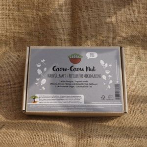 Grow-Grow Nut, Nachfüllpaket "The Mikro Greens", 3xSaatgut (Kresse, Mizuna und Rotkohl) + 3x Kokoserde-Ziegel