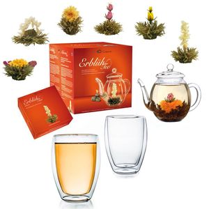 Creano Teeblumen Mix - Geschenkset Erblühtee mit Glaskanne & 2x 250ml Thermogläser - Weißer Tee (in 6 Sorten)