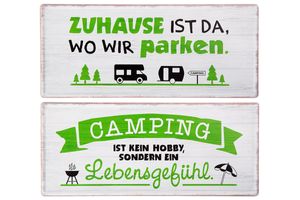 GILDE Schild, rechteckig, "Camping", Spruch, Metall, creme, grün, , 2fach sortiert, B. 35 cm, H. 15 cm 67473