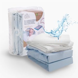 Alcube® 4er Set aus wasserdichter Matratzenauflage und Baumwoll-Spannbettlaken für Baby und Kinder - verschiedene Größen - blau 60x120 cm