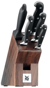 WMF Spitzenklasse Plus Messerblock mit Messerset 6teilig Made in Germany, 4 Messer geschmiedet, Wetzstahl, Walnussholz-Block, Performance Cut