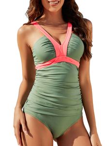 Damen V-Ausschnitt Sommer Badeanzüge Schwimmanzug Rückenfreier Raffung Monokini  Armeegrün,Größe XL