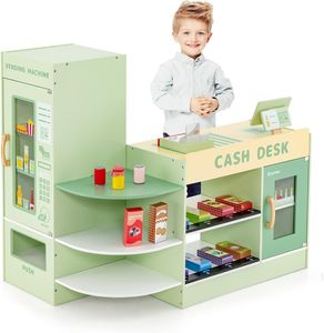 COSTWAY Kinder Kaufladen, Supermarkt-Set mit Kasse, POS-Maschine, Kaufmannsladen aus Holz, für Kinder von 3-8 Jahren (Grün)