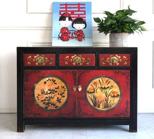 OPIUM OUTLET Kommode Sideboard Schrank orientalisch chinesisch asiatisch Möbel Schränkchen Anrichte rot-schwarz Vintage Shabby Chic Stil antiker Landhaus-Stil