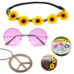 Oblique Unique Hippie Kostüm Accessoire Set - Sonnenbrille + Peace Kette Leder Band + Blumen Haarband für Fasching Karneval