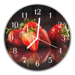 Tulup Echt-Glas Uhr Wanduhr Rund Küche 30 cm  Erdbeeren rot 