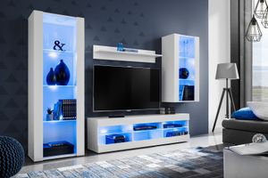 Komodee | Wohnwand mit TV-Schrank und Vitrine Tivoli Set Medio, Korpus Weiß Matt Frontfarbe Weiß Matt, LED Blau