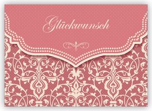 Zarte Vintage Glückwunschkarte mit Retro Damast Muster in alt rosa zur Hochzeit, Taufe, Geburt, Examen etc: Glückwunsch