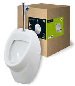 'aquaSu® Urinal Absaug-Urinal Set uVa | Inklusive Druckspüler und Absaugformstück | Zulauf von oben | Ablauf hinten | Becken aus Sanitärkeramik | Mit Winkelbefestigung | Weiß | 03897 3