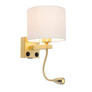 QAZQA - Modern Gold I Messingene USB Wandlampe mit weißem Schirm - Brescia Combi I Wohnzimmer I Schlafzimmer I Nachttischleuchte - Stahl Rund - I E27