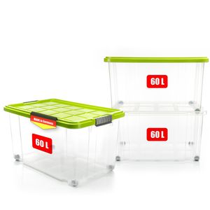 3x 60 L Aufbewahrungsbox mit Deckel groß rollbar limegrün - stabile & robuste Box
