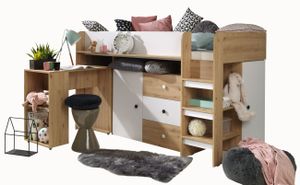 Etagenbett für Kinder SMART 1 Stockbett mit Treppe, Kleiderschrank und Schreibtisch (Artisan Eiche + Weiß Matt)