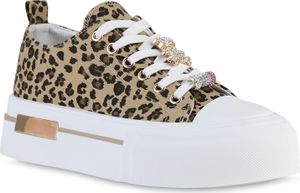 VAN HILL Dámské tenisky na platformě, šněrovací, se štrasovými ozdobnými korálky, ležérní obuv 841715, Barva: Leopard, Velikost: 39