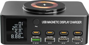 Ladestation fuer mehrere Geraete, 140 W, 8-Ports, PD/QC3.0/USB-C, kabellose Ladegeraete, Schreibtisch-Schnellladegeraet fuer Mobiltelefone/Laptops/Tablets
