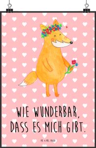 Mr. & Mrs. Panda Poster Fuchs Blumen DIN A2 - Rot Pastell - Geschenk, Selbstbewusstsein, Blumenmädchen, Kunstdruck, Designposter, Wanddeko Bild, boho, Liebesbeweis, ich