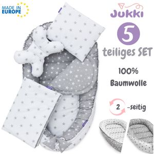 JUKKI® Baby Nest ✨ 5ks BAVLNĚNÝ SET pro novorozence [Grey Stars] 2 strany 100x55cm Baby Nest + matrace + deka + 2x polštářek