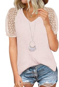 ASKSA Damen T-shirt Waffel Bluse V-Ausschnitt Kurzarm Aushöhlen Spitze Hemd Elegant Einfarbige Oberteil,Rosa, L