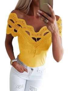 Damen Blusen Baumwolle Kurzarm T-Shirt Comfy Sommer Tops Soft V Neck Pullover Gelb,Größe S