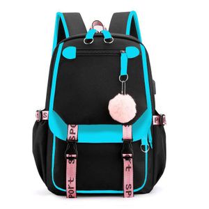 Mädchenrucksack 20-35L Oxford-Stoff-Schultasche Mit großer Kapazität Outdoor-Rucksack Mit USB-Aufladung und Kopfhöreranschluss Für Schüler - blau