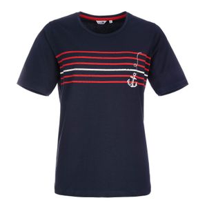 modAS Damen T-Shirt mit Anker-Streifen-Print - Maritimes Kurzarmshirt mit Rundhalsausschnitt in Marine Größe 38