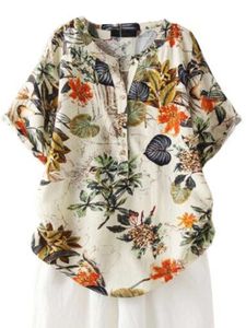 Damen Kurzarm Hemden Lässig Blusen Vintage Baumwolle Hanf T-Shirt Blatt Gedruckt Shirt Khaki,Größe 5XL