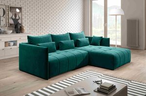 FURNIX Yalta Eckcouch L-Form  Couch Sofa Schlafsofa mit Schlaffunktion Bettkasten und Kissen modern Grün MH 37