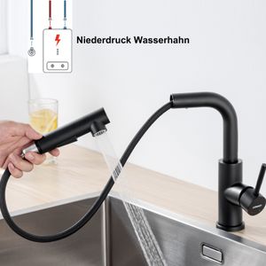 Lonheo Schwarz Küche Wasserhahn Niederdruck im modernen Design | 360° Drehbar küchenarmatur mit ausziehbarem Brause