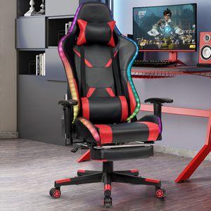 COSTWAY 360°drehbarer Gaming Stuhl mit 358 Lichtmodi verstellbarer Armlehne Rückenlehne & Fußstütze inkl. Fernbedienung Kopf- & Lendenwirbelkissen Rot