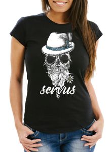 Damen T-Shirt Aufdruck Totenkopf Filzhut Bayern Skull Blume Servus Schriftzug Fun-Shirt Frauen Moonworks® schwarz M