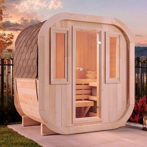 FinnTherm Fasssauna ScandiCube Mini XXS Fasssauna 1 Sitzbänke aus Holz, Sauna mit 42 mm Wandstärke, Außensauna