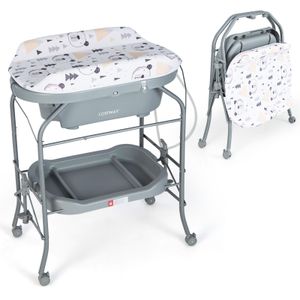 COSTWAY Baby-Wickeltisch mit Badewanne, tragbare Wickelkommode mit PVC-Auflage, Badewanne, Ablagefach, zusammenklappbare Wickelstation mit 4 Universalrädern für Neugeborene und Kleinkinder, grau