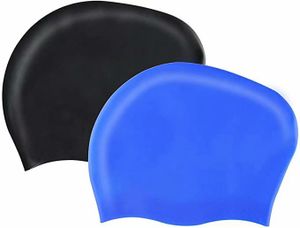 Hochwertige Silikon Badekappe Bademütze Badehaube für Lange Haare gesund und warm Swim Cap (Schwarz + Dunkelrosa)