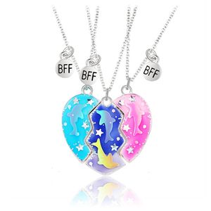 Bixorp Freundschaftskette für 3 mit Glitter rosa/blaue Herzen und Magnet - Silberfarben - BFF Kette für Mädchen - Geburtstags Geschenk