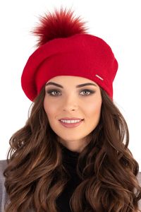 Vivisence damen baskenmütze mit bommel eleganter wintermütze warm und gemütlich kopfbedeckung an winter und herbst warm dick strickmütze, klassisch mütze für frauen, hergestellt in der eu, rot, einhei