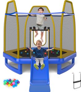 Trampolina ogrodowa COSTWAY φ223cm ze zjeżdżalnią, trampolina zewnętrzna do 270 kg, trampolina dla dzieci z drabinką niebieska