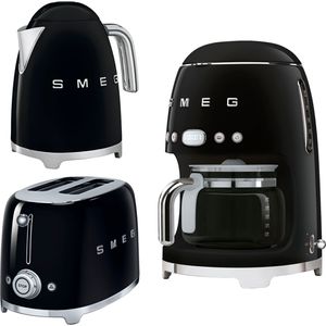 Smeg Morning Set Wasserkocher schwarz 1,7 Liter + 2-Scheiben Toaster schwarz + Filterkaffeemaschine schwarz 50´s Retro Style