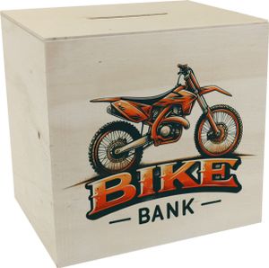 Motocross-Motorrad Spardose aus Holz mit Spruch Bike Bank
