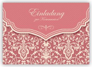 4x Tolle Vintage Einladungskarte mit Retro Damast Muster in alt rosa für Mädchen: Einladung zur Kommunion