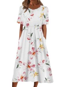 Sommerkleid Damen Midikleid Blumendruck Lang Kleid Rüschen Loses A-Linie Strandkleid Weißrosa,Größe:2xl