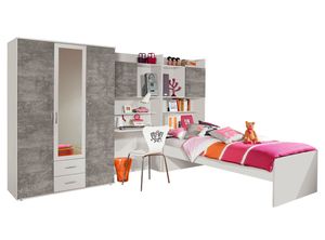 Jugendzimmer Naomi 4-teilig weiß / grau B 317 cm inkl Kleiderschrank + Jugendbett + Schreibtisch + Regal + Bettkasten Jugendzimmer