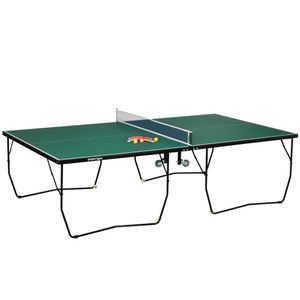 SPORTNOW Skladací stôl na stolný tenis, interiérový stôl na stolný tenis s kolieskami, sada na stolný tenis s 2 pálkami a 3 loptičkami, oceľ, zelená farba, 274 x 152,5 x 76 cm