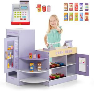 DREAMADE Kasse Kaufladen Kinder, Kaufmansladen Holz mit realistischer Kasse & Verkaufsautomat, Spiel-Supermarkt mit 15 Zubehör & Kreidetafel (Lila)