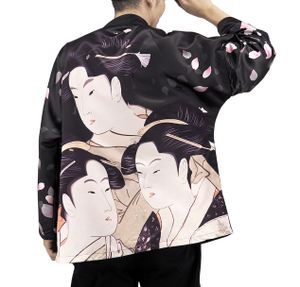 Kimono Jacke mit japanischem Ge Motiv | traditioneller Japan Haori Umhang | mit asiatischem Motiv | Schwarz | Größe: S/M