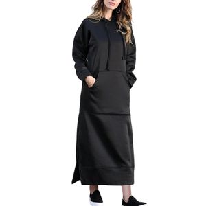 Damen Maxikleider Split Hoodies Kleid Bequeme Warm Mit Känguru Taschen Langes Kleid Schwarz,Größe:2xl