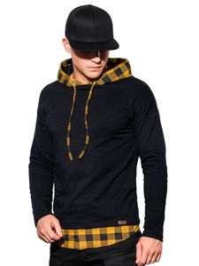 Ombre Herren Sweatshirt Pullover mit der Kapuze mit kariertem Material Baumwolle S-XXK Schwarz-Gelb S