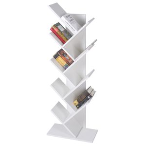 ML-Design Bücherregal mit 8 Ebenen in Baumform, 50x25x140 cm, Weiß, aus Holz, Robust und kratzfest, Standregal Holzregal Eckregal Wandregal Regal für Wohnzimmer und Büro