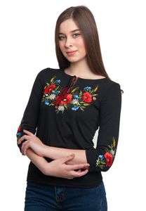 Ukrainische  gestickte   Vyshyvanka Motiv Feldblumen für Frauen mit 3/4 Ärmeln  in Form eines schwarzen T-Shirts Größe L